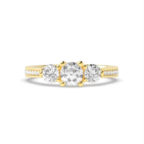 4 Prong Round Yellow Gold trilogy Side Stone Engagement Ring