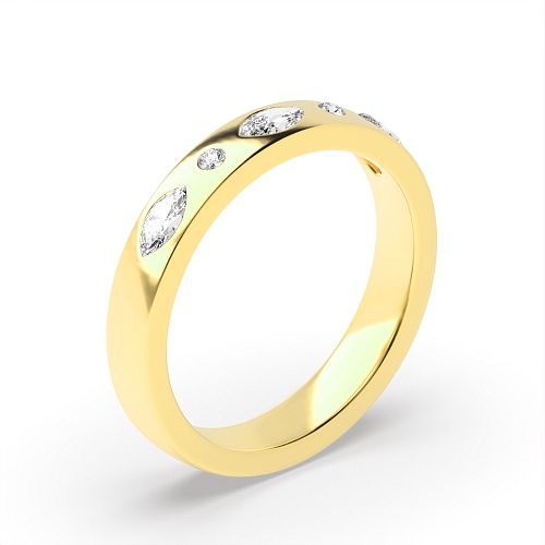 Flush Setting Marquise/Round Yellow Gold Ciphervault Band Diamond Rings
