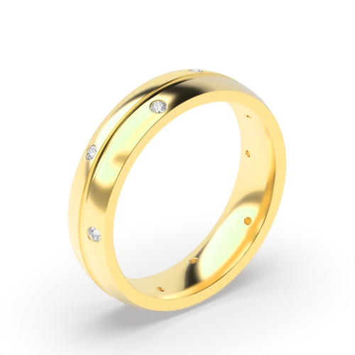 Flush Setting Round Yellow Gold Zig zag Band Diamond Rings