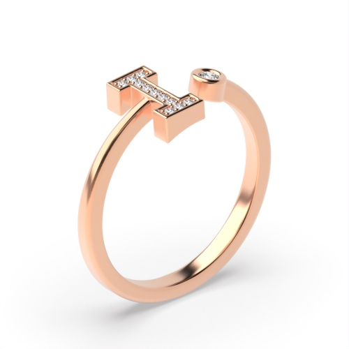 Bezel Setting Round Rose Gold Alphabet letter i Engagement Rings