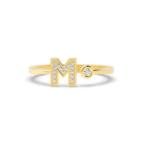 Bezel Setting Round Yellow Gold Alphabet letter m Diamond Rings