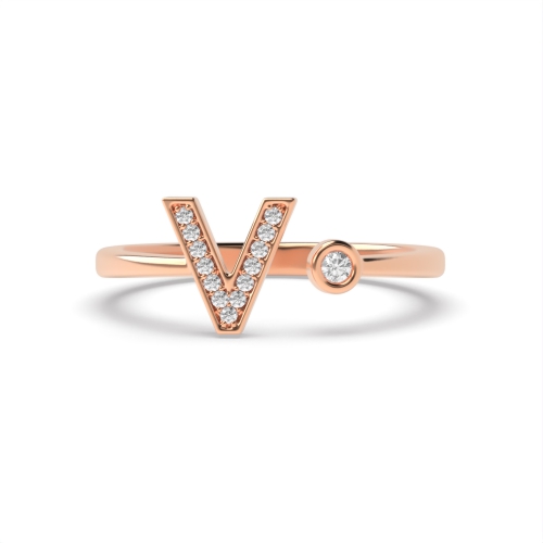 Bezel Setting Round Rose Gold Initial letter v Engagement Rings