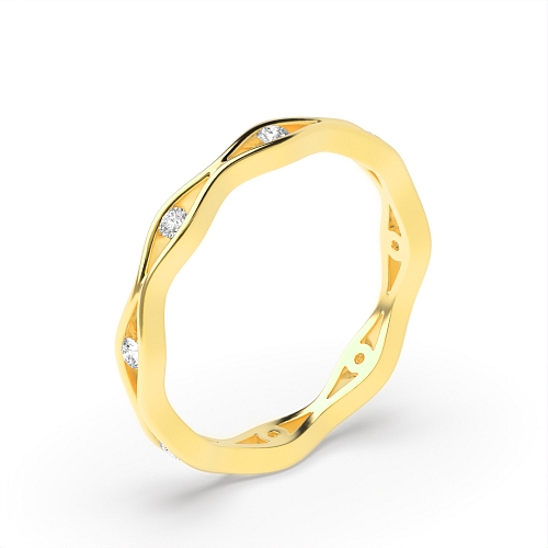 Channel Setting Round Yellow Gold Wavy wedding Eternity Diamond Rings