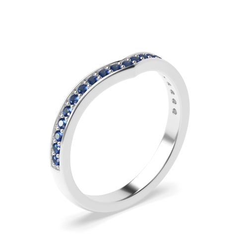 Pave Setting Round V Shaped Wishbone Blue Sapphire Half Eternity Wedding Band