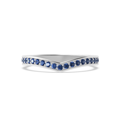 Pave Setting Round V Shaped Wishbone Blue Sapphire Half Eternity Wedding Band