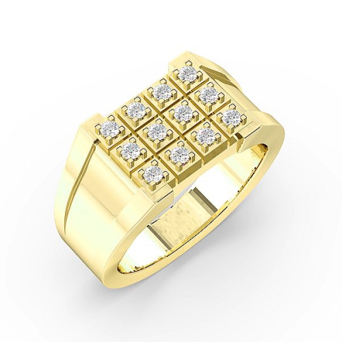 Pave Setting Round Yellow Gold Three row Diamond Rings