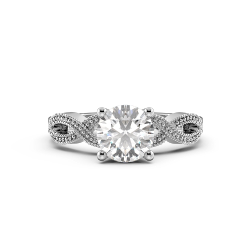 4 Prong Round Crossover Miligrain Shoulder Side Stone Engagement Ring