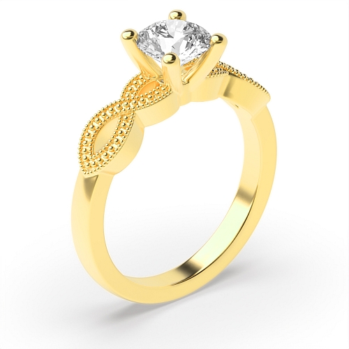 4 Prong Round Yellow Gold Crossover miligrain shoulder side Twisted Engagement Rings