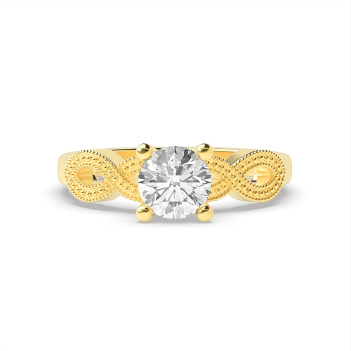 4 Prong Round Yellow Gold Crossover miligrain shoulder side Twisted Engagement Rings