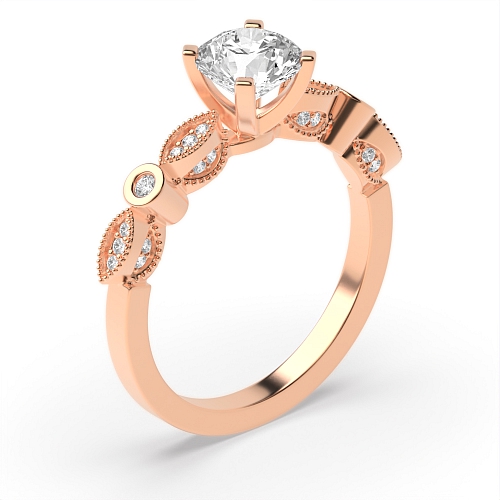 4 Prong Round Rose Gold Vintage high shoulder side Engagement Rings