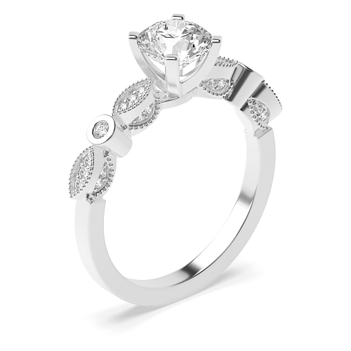 4 Prong Round Vintage high shoulder side Side Stone Engagement Rings