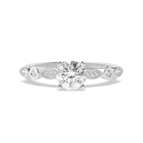 4 Prong Round Vintage high shoulder side Side Stone Engagement Rings