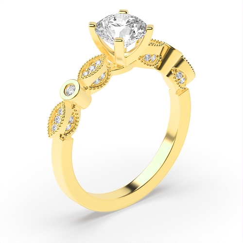 4 Prong Round Yellow Gold Vintage high shoulder side Engagement Rings