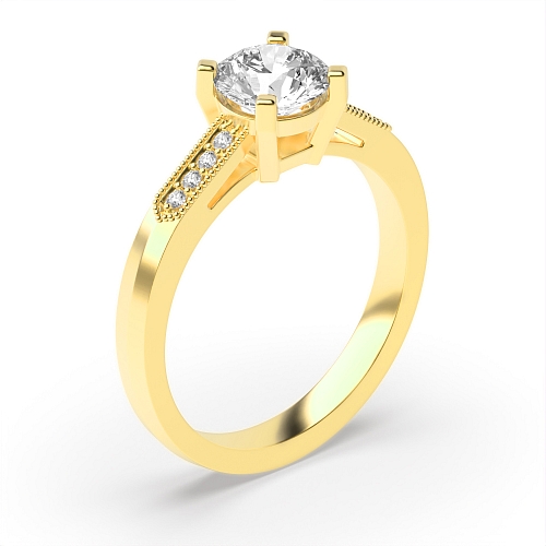4 Prong Round Yellow Gold Miligrain side Engagement Rings
