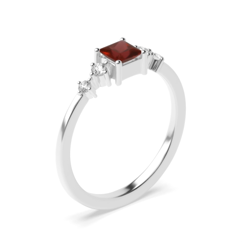 4 Prong Princess Minimalist Garnet Side Stone Diamond Ring