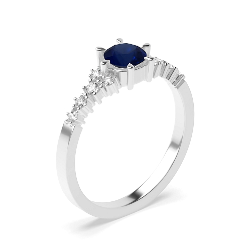 6 Prong Round designer Blue Sapphire Side Stone Diamond Ring