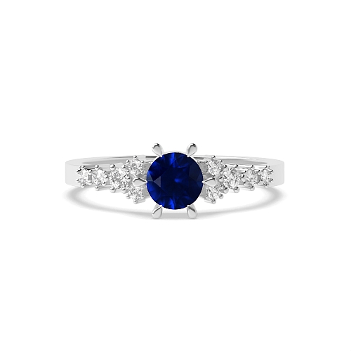 6 Prong Round designer Blue Sapphire Side Stone Diamond Ring