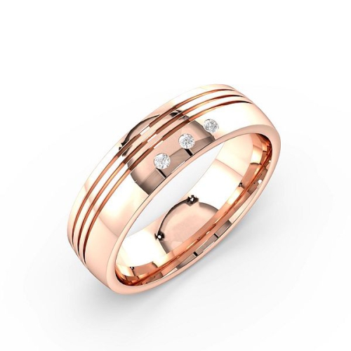 Flush Setting Round Rose Gold 3 line Band Diamond Rings