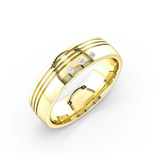 Flush Setting Round Yellow Gold 3 line Band Diamond Rings
