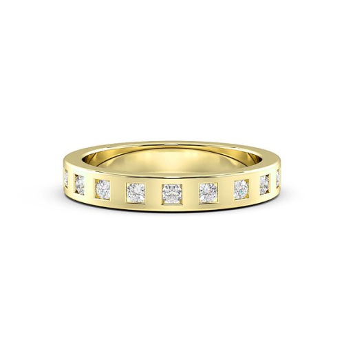 Flush Setting Round Yellow Gold Square slot Band Diamond Rings
