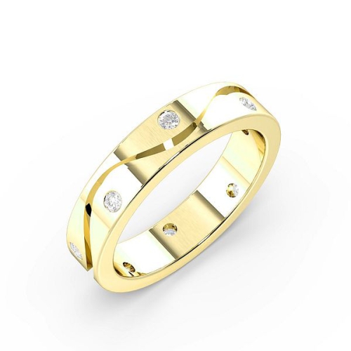 Flush Setting Round Yellow Gold Wave line Band Diamond Rings
