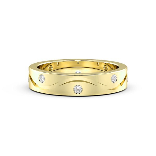 Flush Setting Round Yellow Gold Wave line Band Diamond Rings