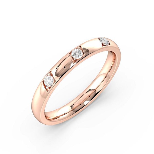 Pave Setting Round Rose Gold 3 diamond bright cut Band Diamond Rings