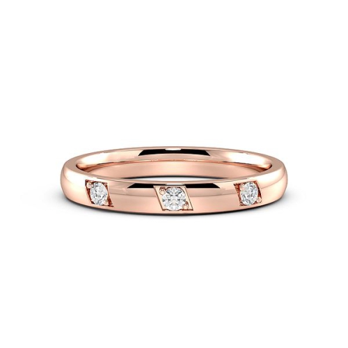 Pave Setting Round Rose Gold 3 diamond bright cut Band Diamond Rings