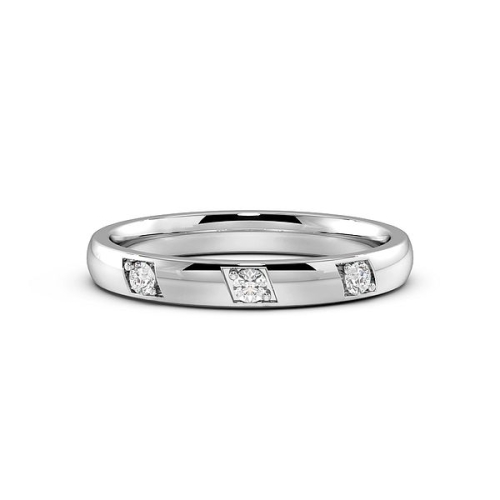 Pave Setting Round White Gold 3 diamond bright cut Band Diamond Rings