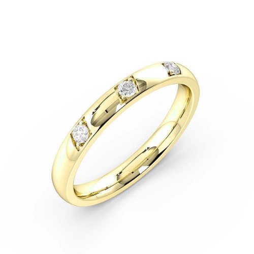 Pave Setting Round Yellow Gold 3 diamond bright cut Band Diamond Rings
