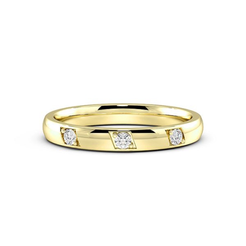 Pave Setting Round Yellow Gold 3 diamond bright cut Band Diamond Rings