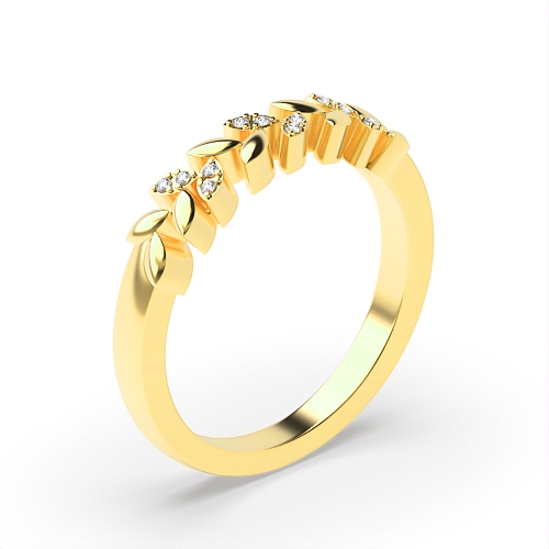 Pave Setting Round Yellow Gold Leaf Diamond Rings
