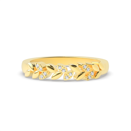 Pave Setting Round Yellow Gold Leaf Diamond Rings