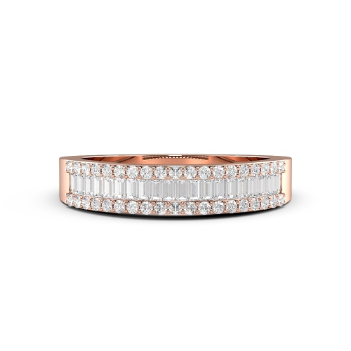 Pave Setting Round/Baguette Rose Gold Three row channel set Diamond Rings