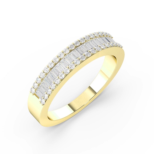 Pave Setting Round/Baguette Yellow Gold Three row channel set Diamond Rings
