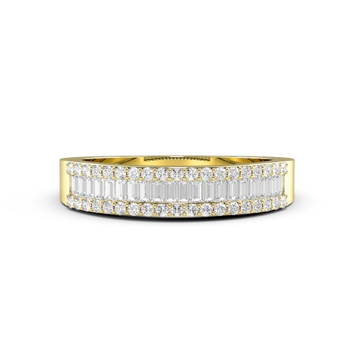 Pave Setting Round/Baguette Yellow Gold Three row channel set Diamond Rings