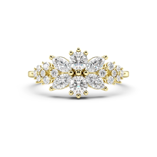 4 Prong Marquise/Round Yellow Gold Cluster Diamond Ring