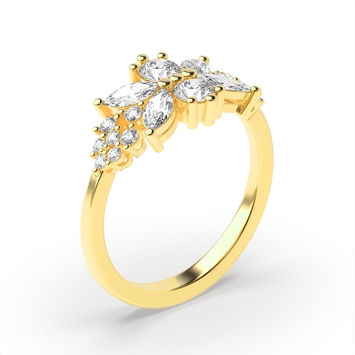 4 Prong Marquise/Round Yellow Gold Bursting flower Engagement Rings