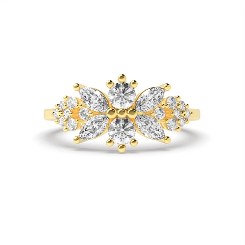 4 Prong Marquise/Round Yellow Gold Bursting flower Engagement Rings