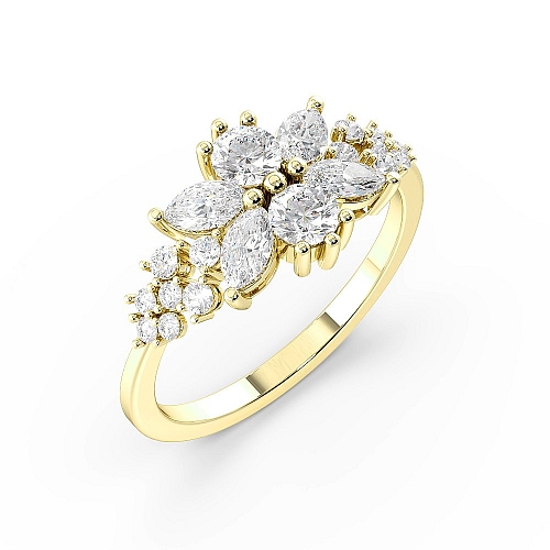 4 Prong Marquise/Round Yellow Gold Bursting flower Cluster Engagement Rings