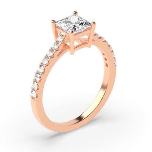4 Prong Princess Rose Gold Basket with side stone Solitaire Engagement Rings