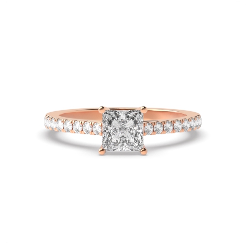 4 Prong Princess Rose Gold Basket with side stone Solitaire Engagement Rings