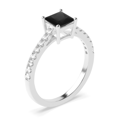4 Prong Princess Basket with side stone Black Diamond Solitaire Engagement Rings