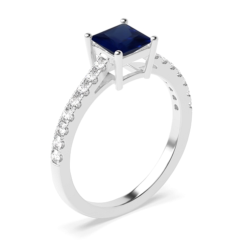 Princess Basket with side stone Blue Sapphire Engagement Rings