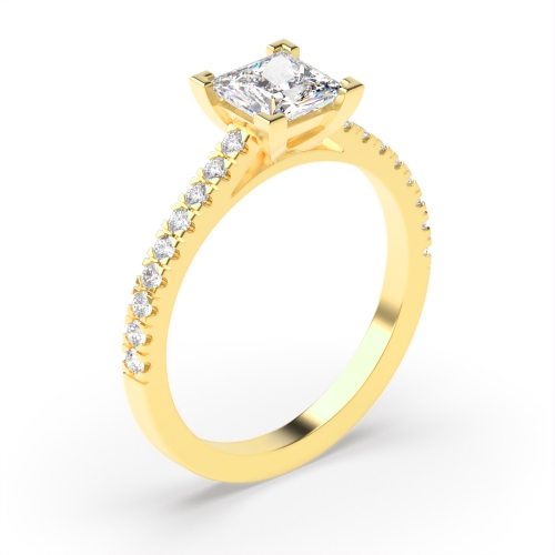 4 Prong Princess Yellow Gold Delicate set shoulder Engagement Rings