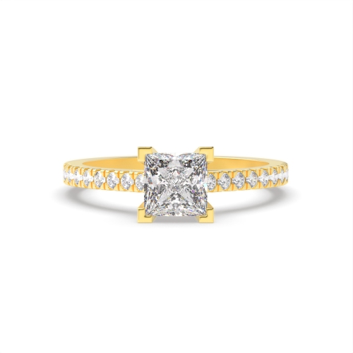 4 Prong Princess Yellow Gold Delicate set shoulder Engagement Rings