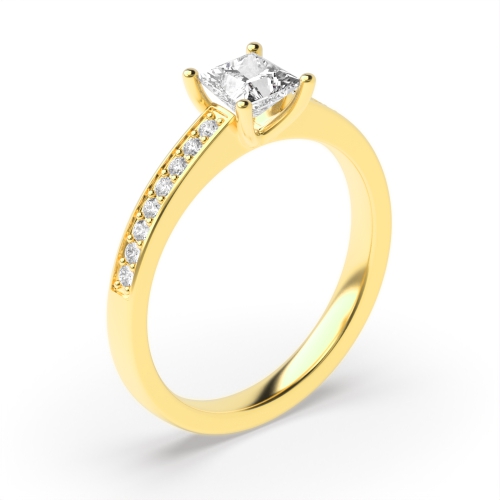 4 Prong Princess Yellow Gold Pave set shoulder Engagement Rings
