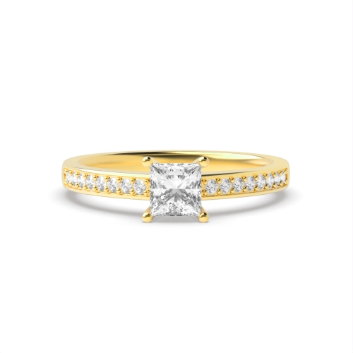 4 Prong Princess Yellow Gold Pave set shoulder Engagement Rings