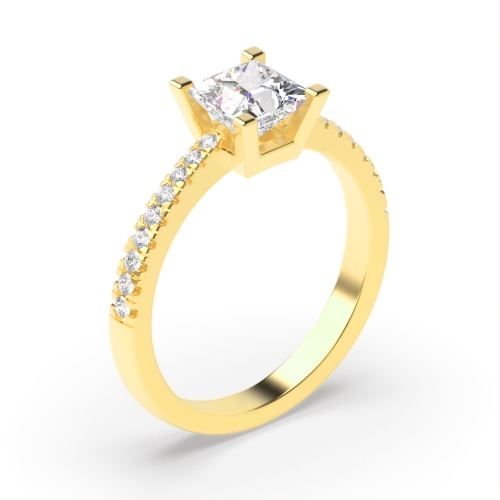 4 Prong Princess Yellow Gold Basket set side stone Engagement Rings