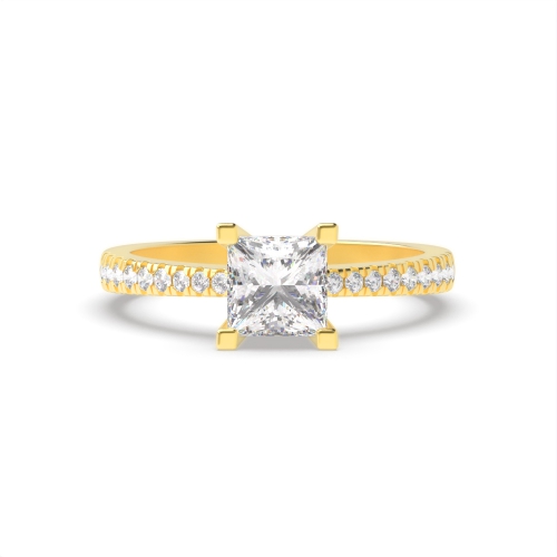 4 Prong Princess Yellow Gold Basket set side stone Engagement Rings